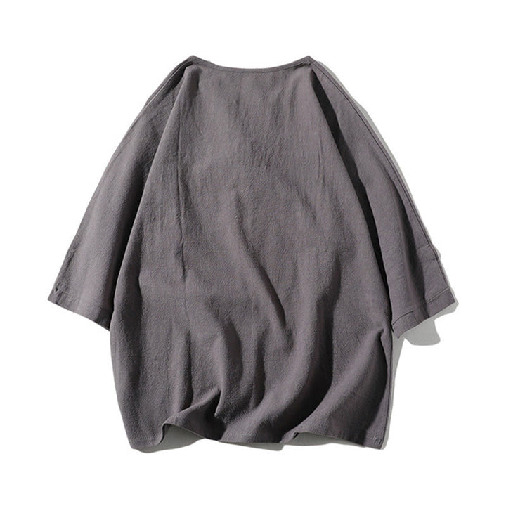 Conjunto de 2 Buddha Stones de camiseta con cuello entallado y pantalones cortos anchos de 7-8 pulgadas con bolsillos, de algodón y lino, para meditación de hombre.