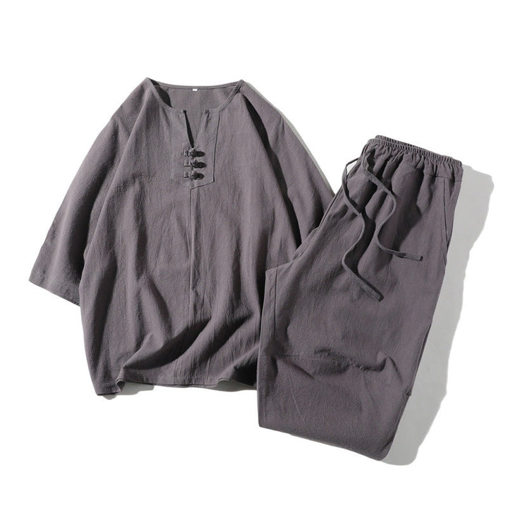 Conjunto de 2 Buddha Stones de camiseta con cuello entallado y pantalones cortos anchos de 7-8 pulgadas con bolsillos, de algodón y lino, para meditación de hombre.
