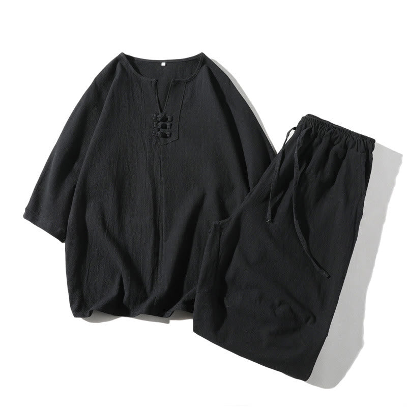 Conjunto de 2 Buddha Stones de camiseta con cuello entallado y pantalones cortos anchos de 7-8 pulgadas con bolsillos, de algodón y lino, para meditación de hombre.