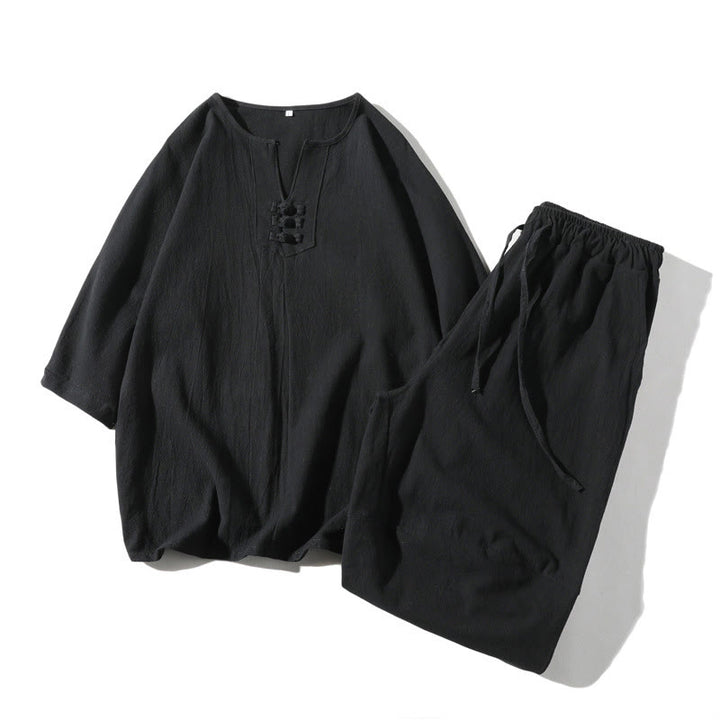 Conjunto de 2 Buddha Stones de camiseta con cuello entallado y pantalones cortos anchos de 7-8 pulgadas con bolsillos, de algodón y lino, para meditación de hombre.