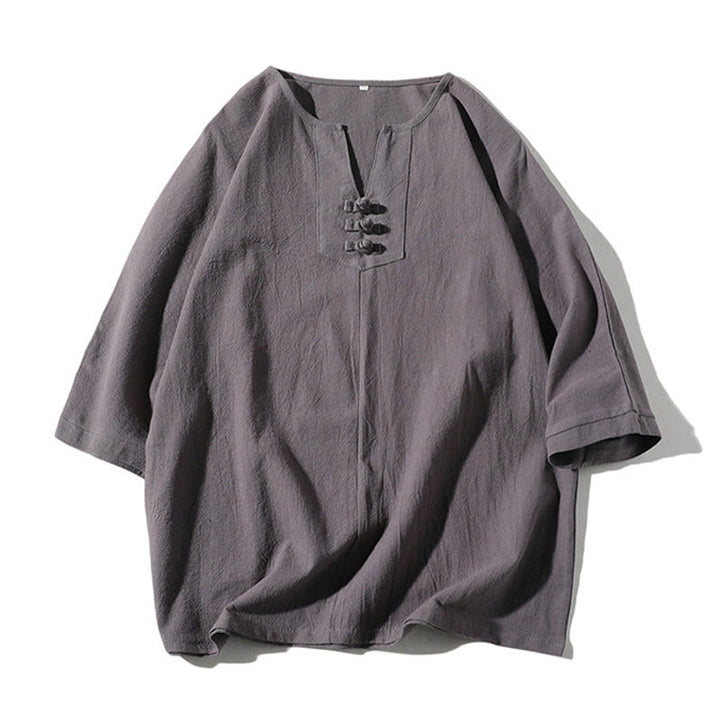 Conjunto de ropa de meditación para hombre Buddha Stones de 2 piezas: camiseta lisa con cuello con muescas y pantalones cortos de pierna ancha con bolsillos. - image 1