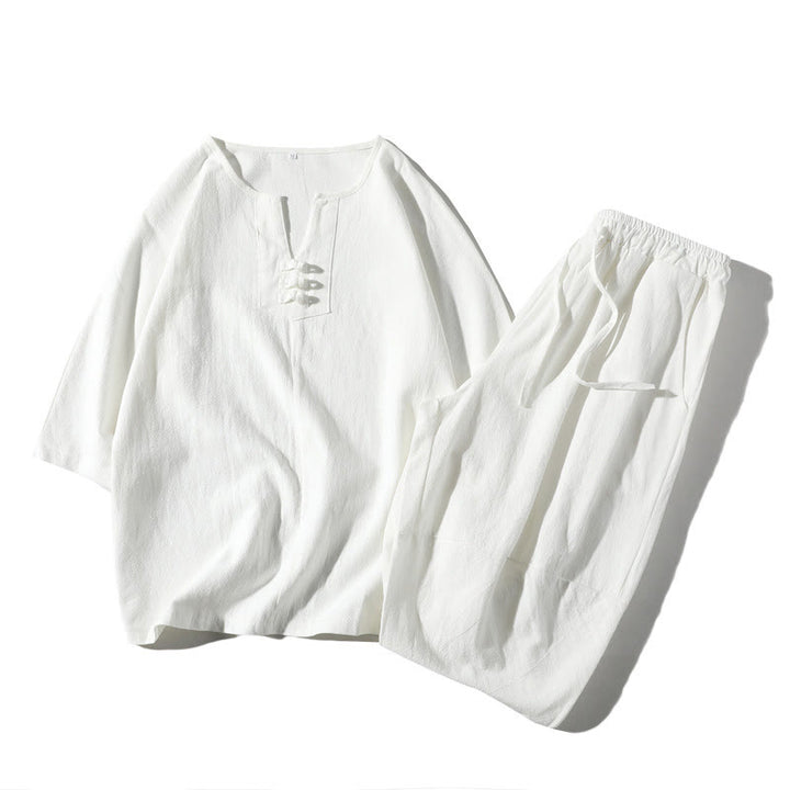 Conjunto de 2 Buddha Stones de camiseta con cuello entallado y pantalones cortos anchos de 7-8 pulgadas con bolsillos, de algodón y lino, para meditación de hombre.