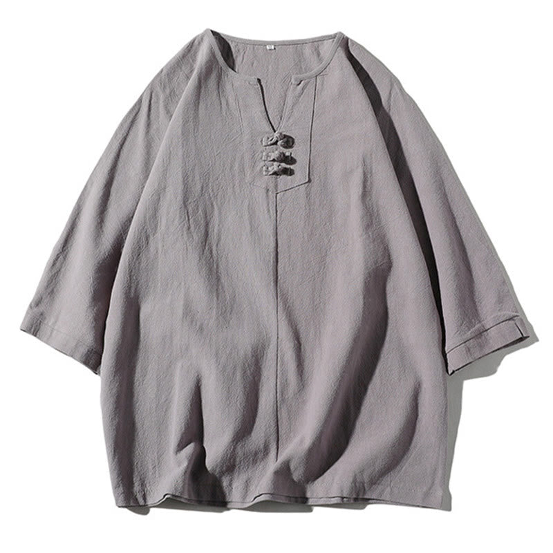 Conjunto de 2 Buddha Stones de camiseta con cuello entallado y pantalones cortos anchos de 7-8 pulgadas con bolsillos, de algodón y lino, para meditación de hombre.