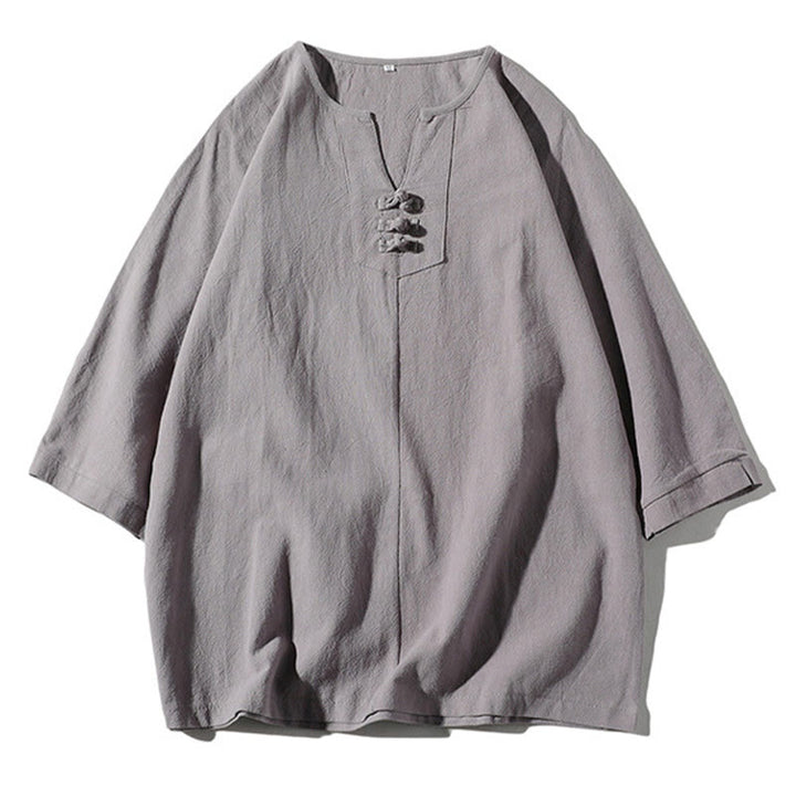 Conjunto de 2 Buddha Stones de camiseta con cuello entallado y pantalones cortos anchos de 7-8 pulgadas con bolsillos, de algodón y lino, para meditación de hombre.
