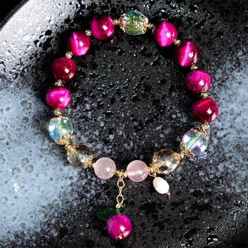 Pulsera de protección con cuentas de ojo de tigre rojo natural y ojo de tigre morado , Buddha Stones y hojas verdes - image 1