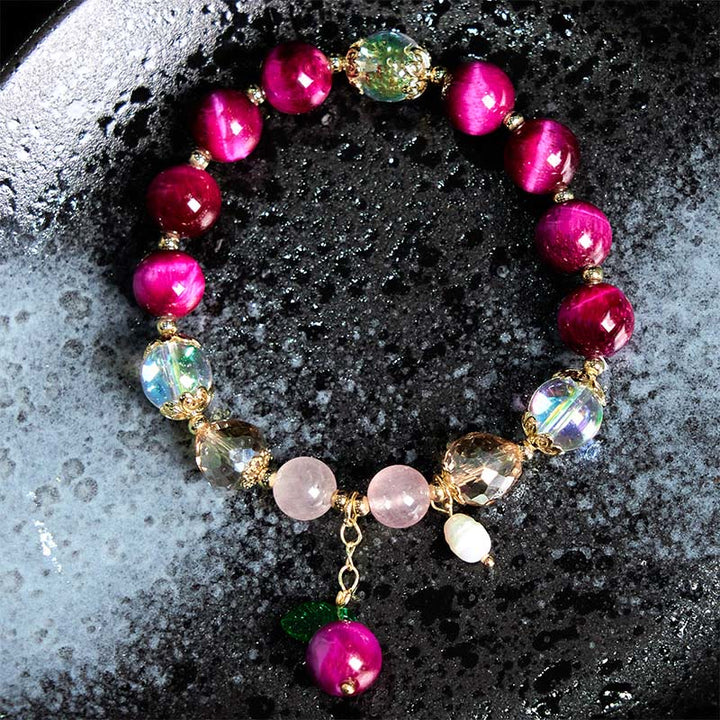 Pulsera de protección con cuentas de ojo de tigre rojo natural y ojo de tigre morado , Buddha Stones y hojas verdes - image 1