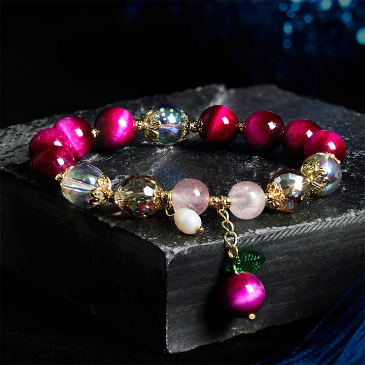 Pulsera de protección con cuentas de ojo de tigre rojo natural y ojo de tigre morado , Buddha Stones y hojas verdes - Ojo de tigre rojo (circunferencia de la muñeca: 14-18 cm) - image 0