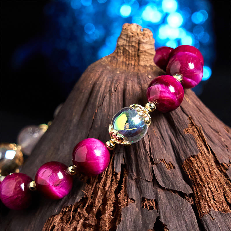 Pulsera de protección con cuentas de ojo de tigre rojo natural y ojo de tigre morado , Buddha Stones y hojas verdes - image 2