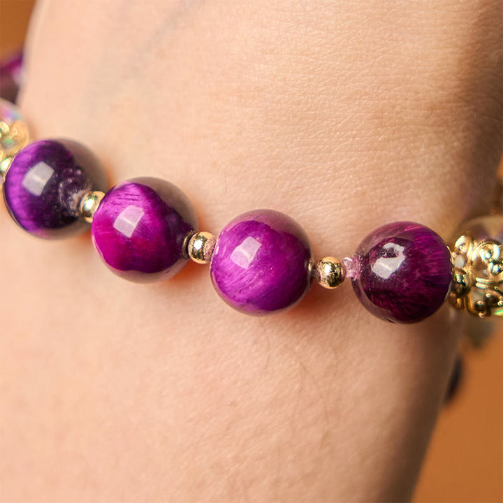 Pulsera de protección con cuentas de ojo de tigre rojo natural y ojo de tigre morado , Buddha Stones y hojas verdes - image 13