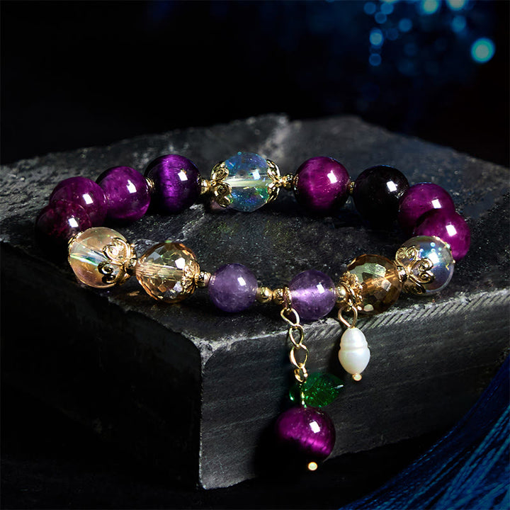 Pulsera de protección con cuentas de ojo de tigre rojo natural y ojo de tigre morado , Buddha Stones y hojas verdes - Ojo de tigre púrpura (circunferencia de la muñeca: 14-18 cm) - image 8
