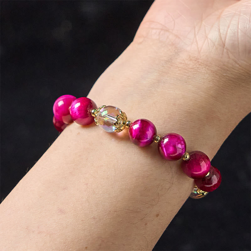 Pulsera de protección con cuentas de ojo de tigre rojo natural y ojo de tigre morado , Buddha Stones y hojas verdes - image 5
