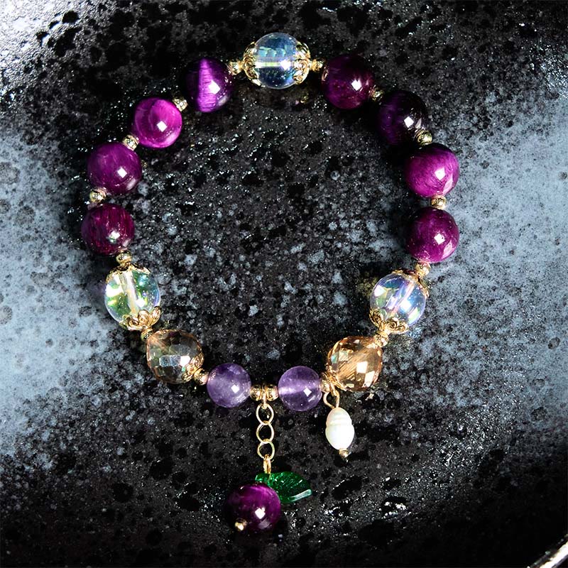 Pulsera de protección con cuentas de ojo de tigre rojo natural y ojo de tigre morado , Buddha Stones y hojas verdes - image 9