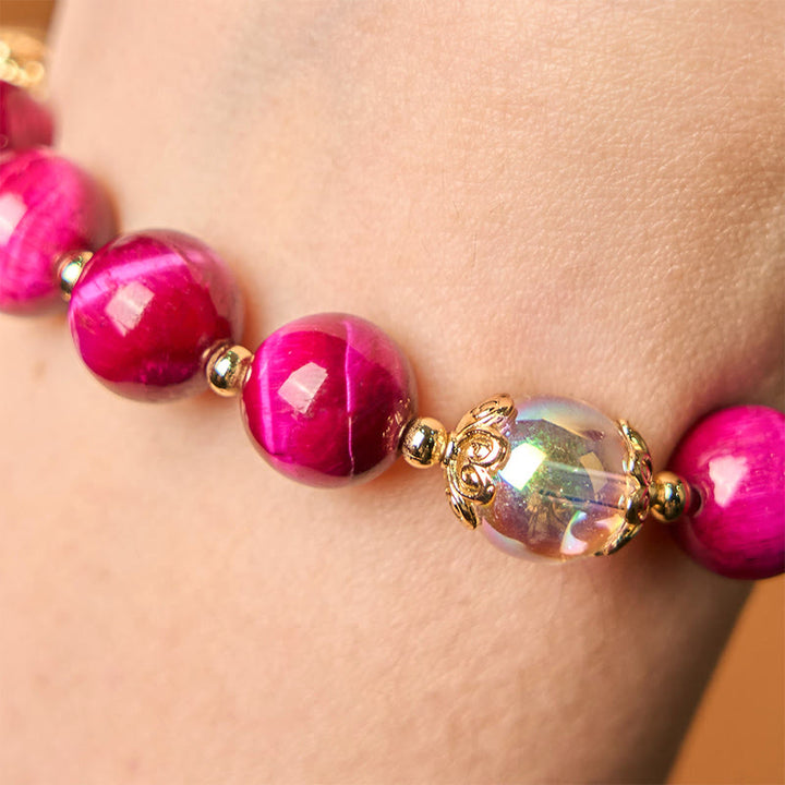 Pulsera de protección con cuentas de ojo de tigre rojo natural y ojo de tigre morado , Buddha Stones y hojas verdes - image 4