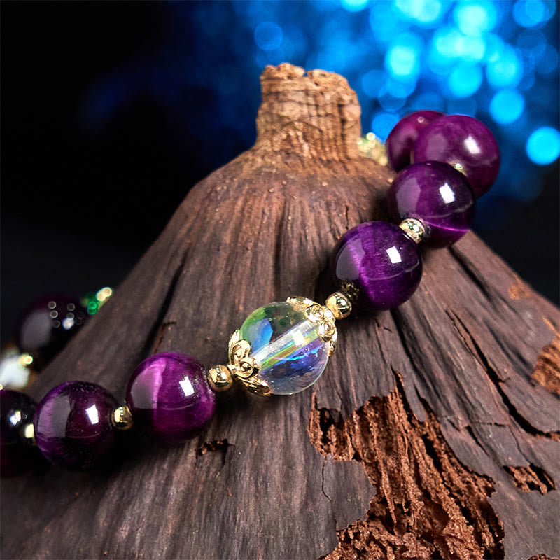 Pulsera de protección con cuentas de ojo de tigre rojo natural y ojo de tigre morado , Buddha Stones y hojas verdes - image 10