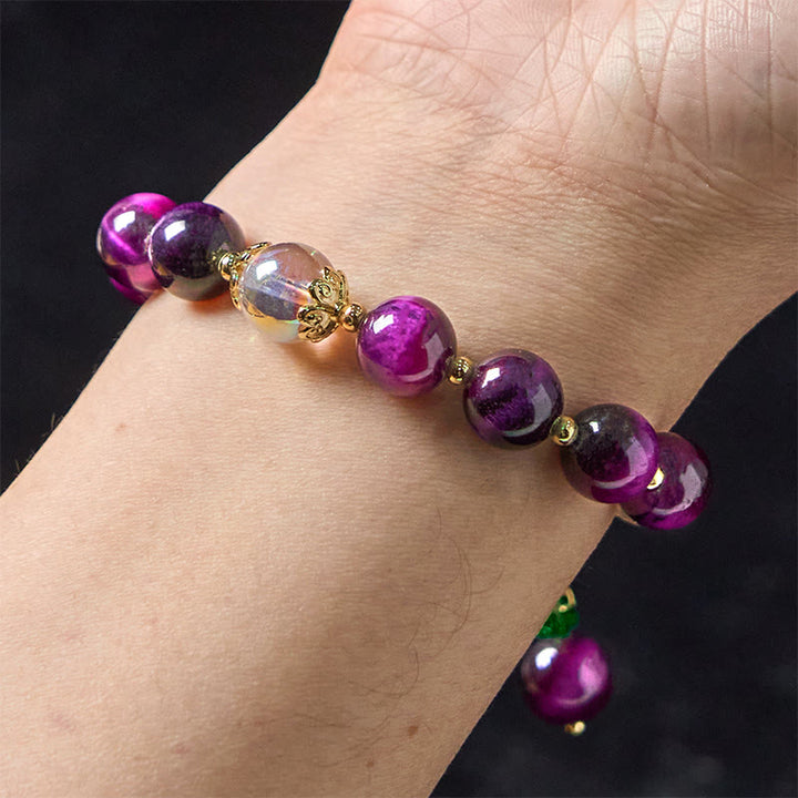 Pulsera de protección con cuentas de ojo de tigre rojo natural y ojo de tigre morado , Buddha Stones y hojas verdes - image 14
