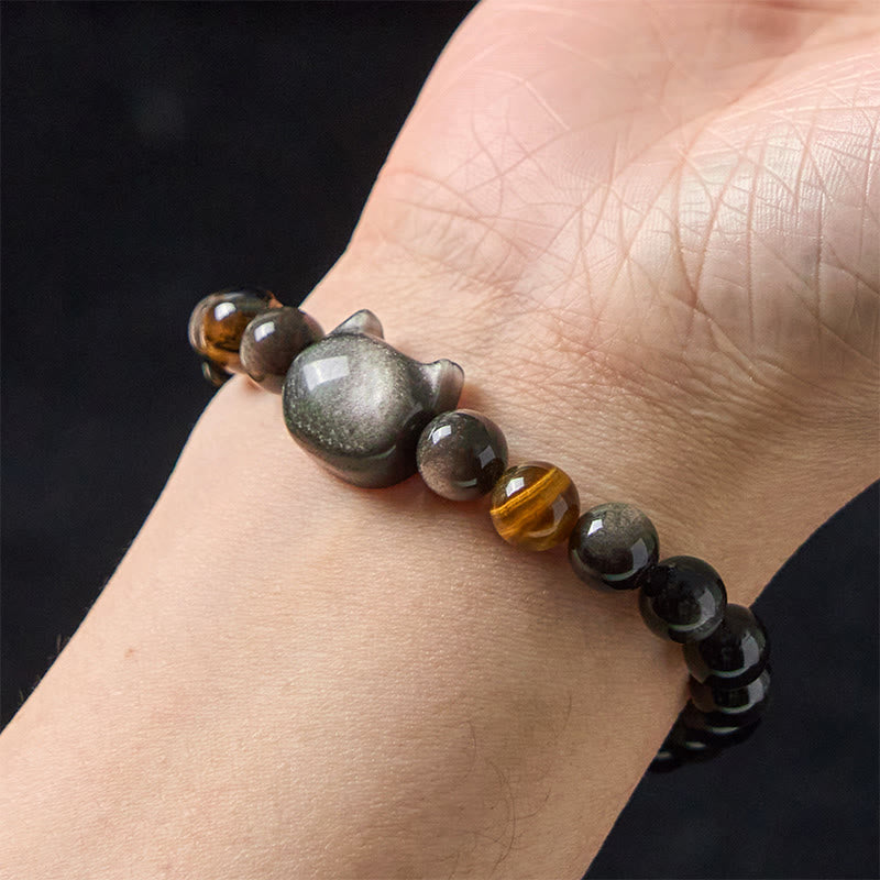 Pulsera relajante con cuentas de obsidiana y brillo plateado natural de Buddha Stones, con un bonito diseño de gato. - image 6