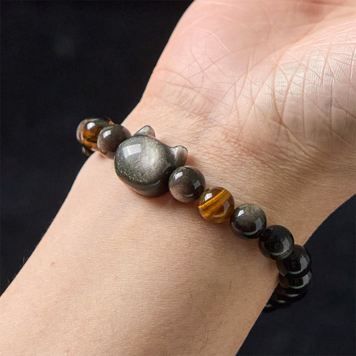 Pulsera relajante con cuentas de obsidiana y brillo plateado natural de Buddha Stones, con un bonito diseño de gato. - image 6