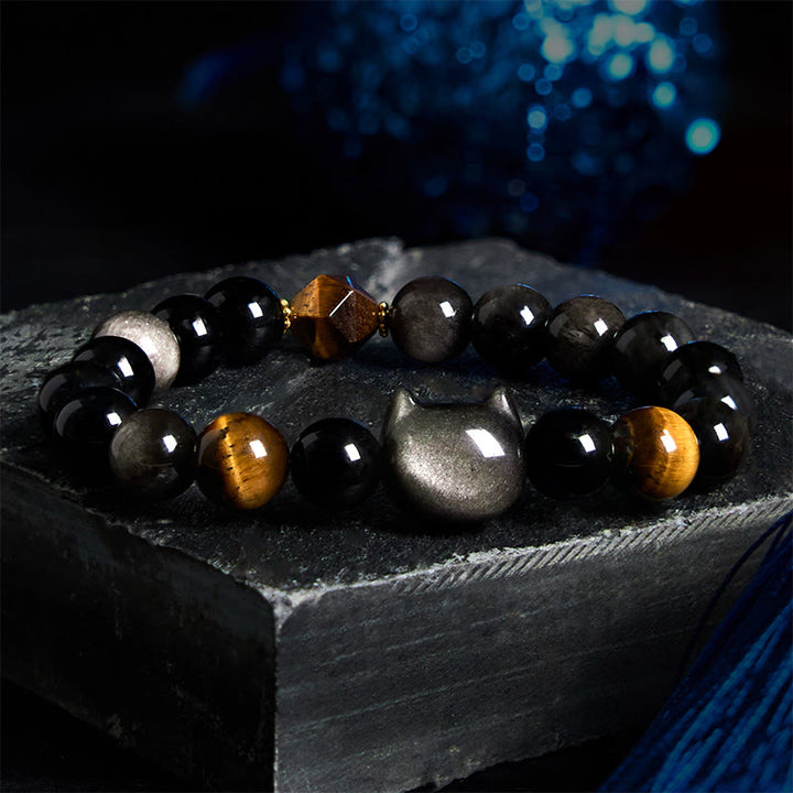 Pulsera relajante con cuentas de obsidiana y brillo plateado natural de Buddha Stones, con un bonito diseño de gato. - image 3