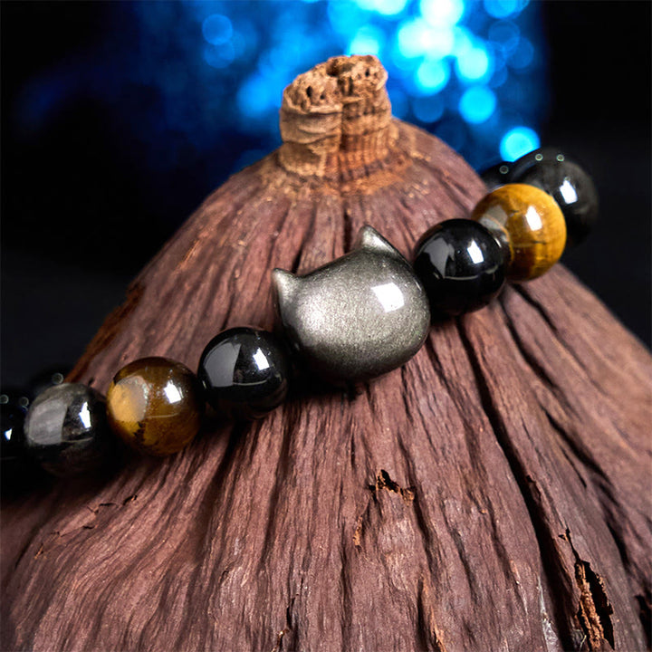 Pulsera relajante con cuentas de obsidiana y brillo plateado natural de Buddha Stones, con un bonito diseño de gato. - image 4