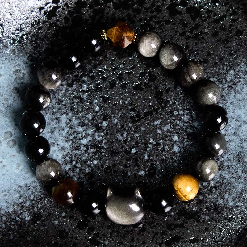 Pulsera relajante con cuentas de obsidiana y brillo plateado natural de Buddha Stones, con un bonito diseño de gato. - image 2
