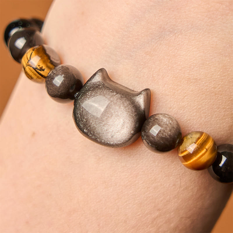 Pulsera relajante con cuentas de obsidiana y brillo plateado natural de Buddha Stones, con un bonito diseño de gato. - image 5