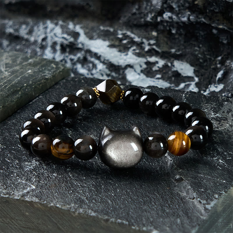 Pulsera relajante con cuentas de obsidiana y brillo plateado natural de Buddha Stones, con un bonito diseño de gato. - 21-22 cm - image 1