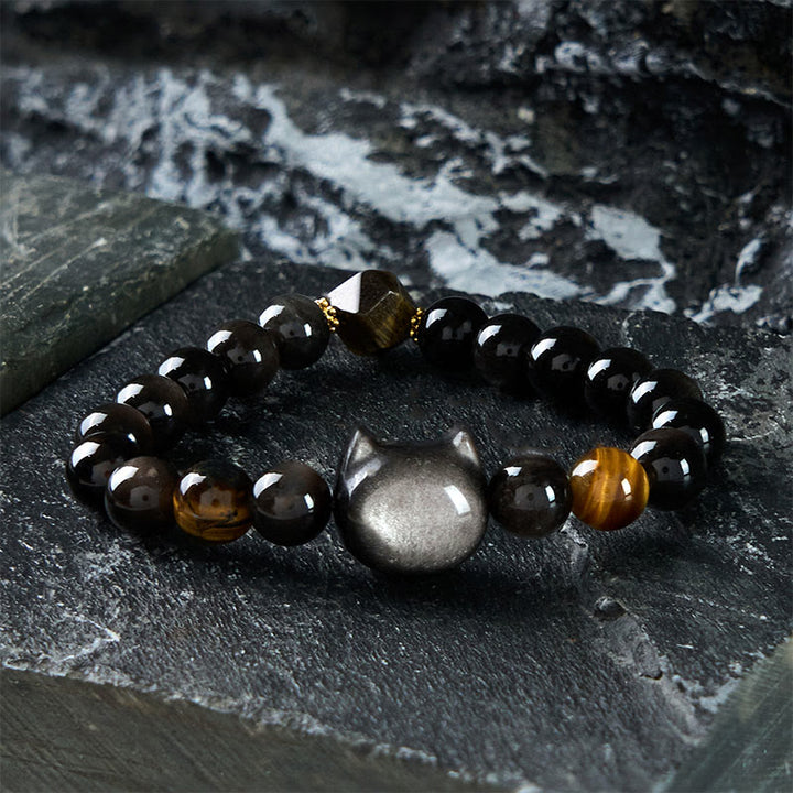 Pulsera relajante con cuentas de obsidiana y brillo plateado natural de Buddha Stones, con un bonito diseño de gato. - 21-22 cm - image 1