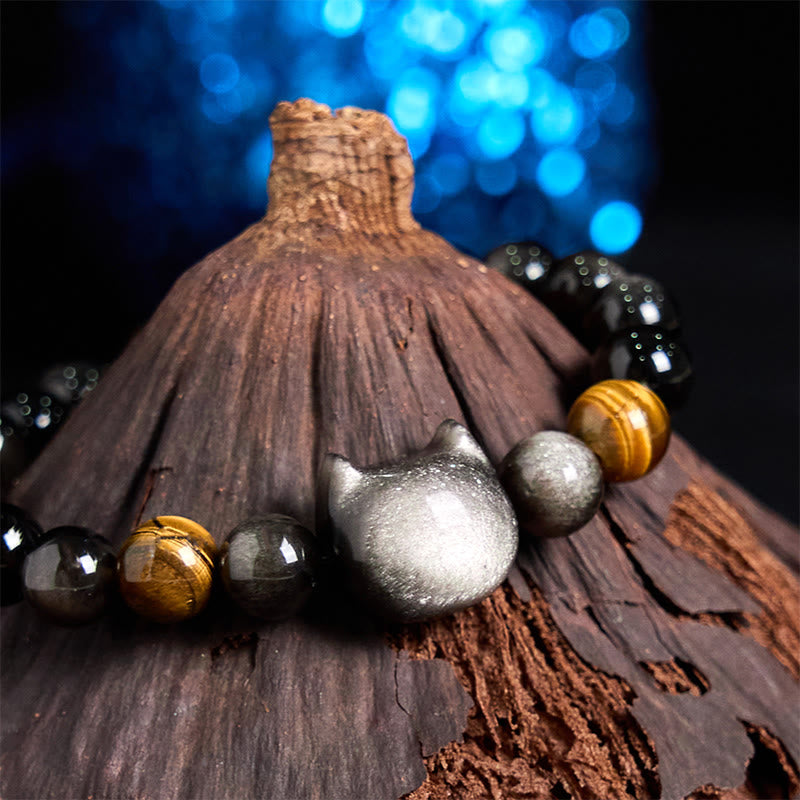 Pulsera relajante con cuentas de obsidiana y brillo plateado natural de Buddha Stones, con un bonito diseño de gato. - image 7