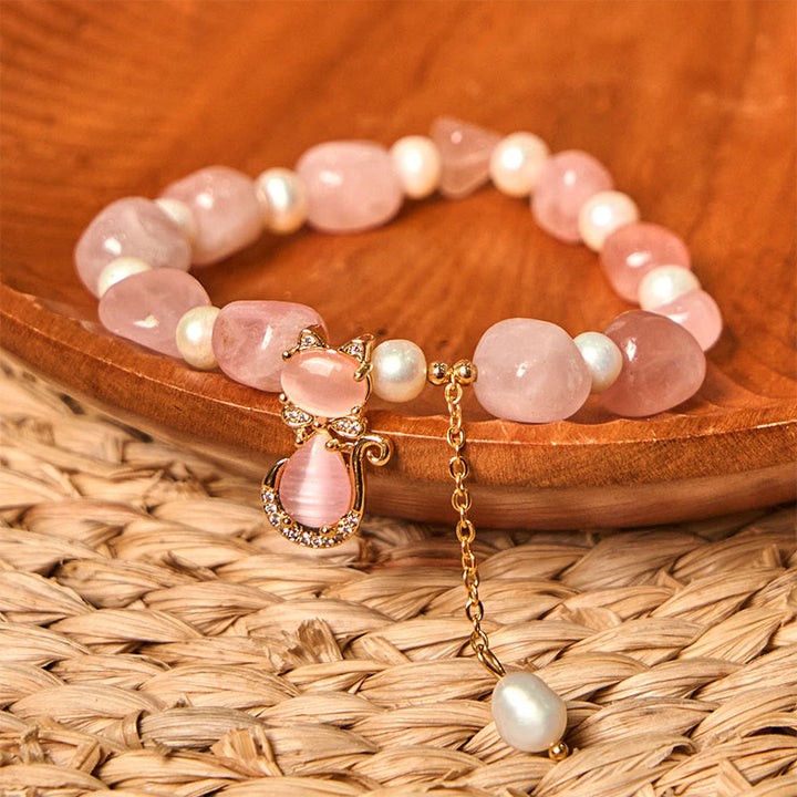 Pulsera positiva de gato con perla de cuarzo fresa natural de Buddha Stones - image 2