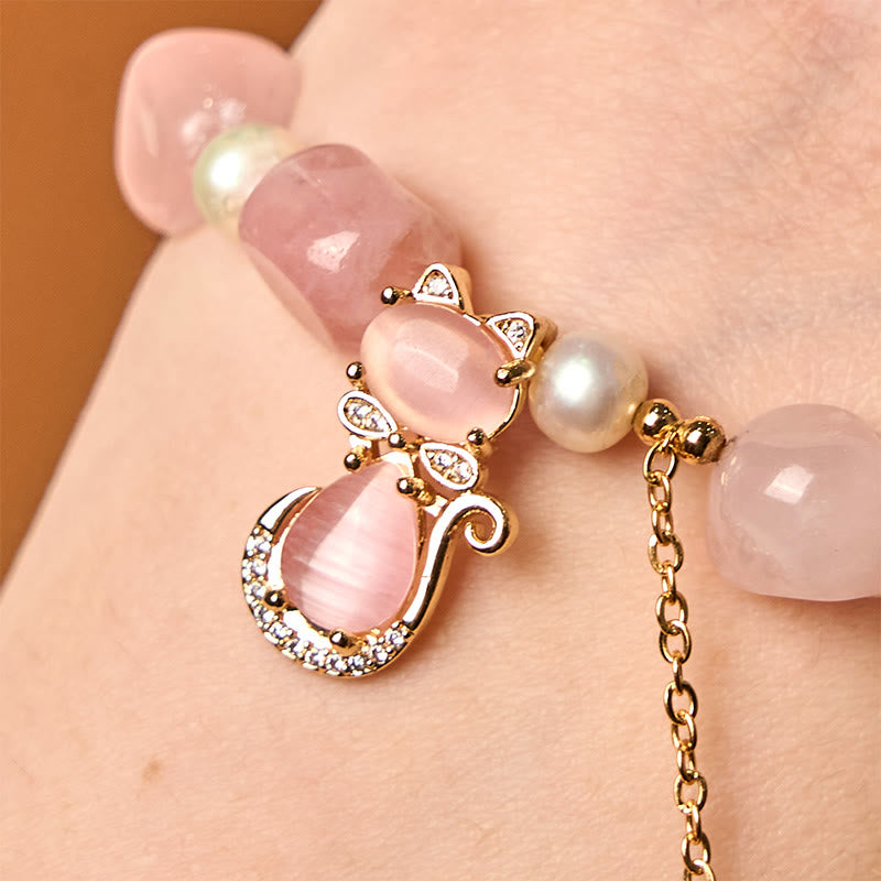 Pulsera positiva de gato con perla de cuarzo fresa natural de Buddha Stones - image 3