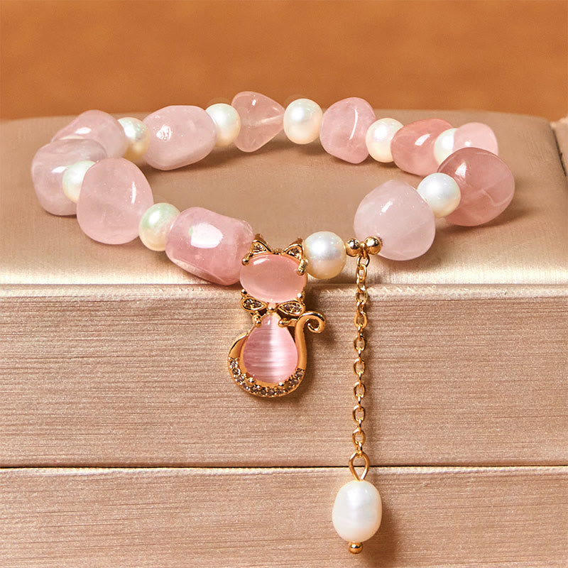 Pulsera positiva de gato con perla de cuarzo fresa natural de Buddha Stones - Cuarzo fresa y perla (circunferencia de la muñeca: 15-17 cm) - image 1