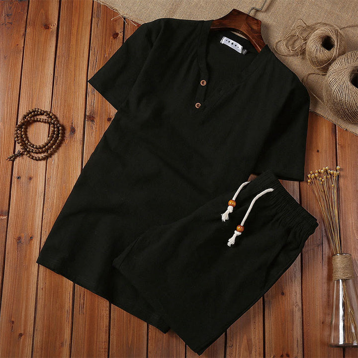 Conjunto de 2 camisetas de manga corta con cuello entallado y bolsillos de algodón y lino para meditación de Buddha Stones para hombre. - Negro - US/UK/AU44, UE 54 (5XL) - image 3