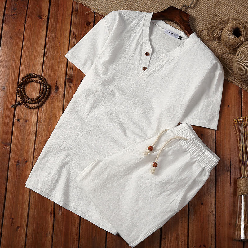 Conjunto de 2 camisetas de manga corta con cuello entallado y bolsillos de algodón y lino para meditación de Buddha Stones para hombre. - Blanco - US/UK/AU44, UE 54 (5XL) - image 1