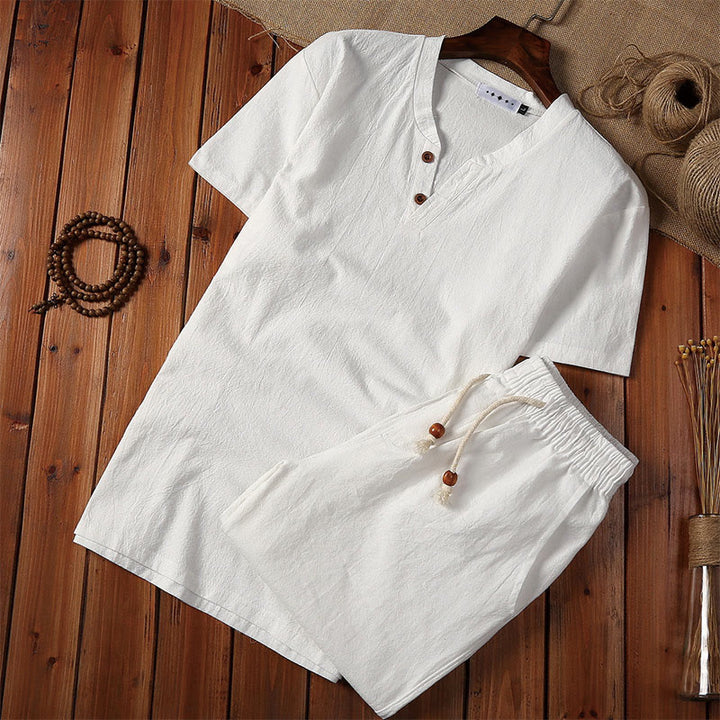 Conjunto de 2 camisetas de manga corta con cuello entallado y bolsillos de algodón y lino para meditación de Buddha Stones para hombre. - Blanco - US/UK/AU44, UE 54 (5XL) - image 1