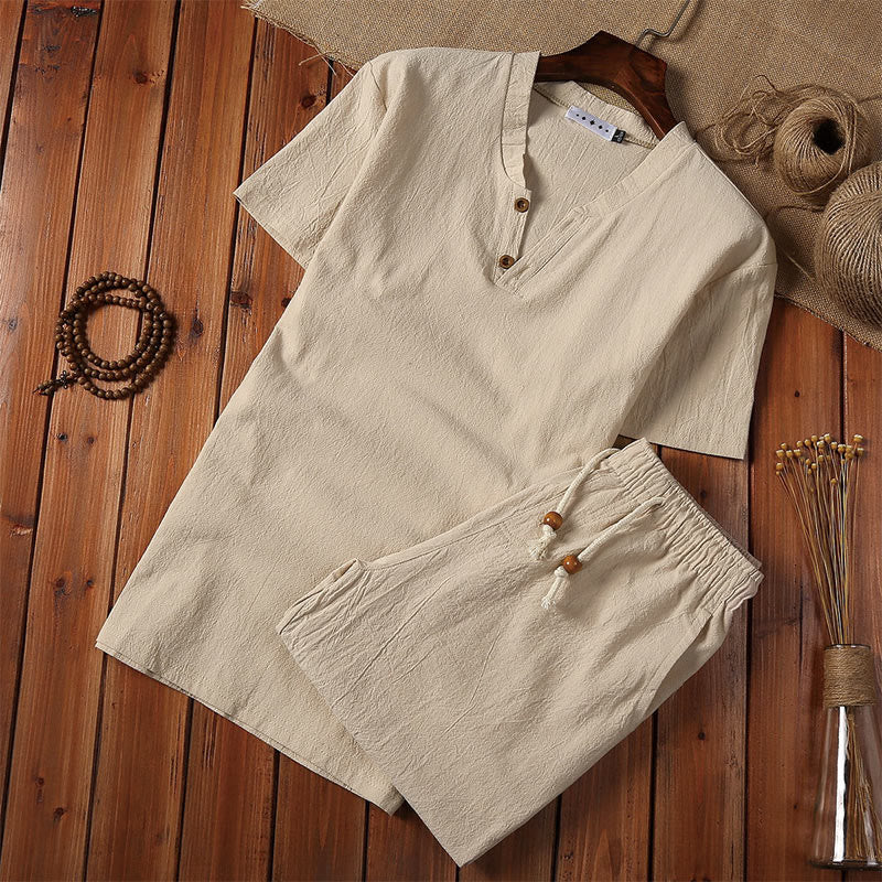 Conjunto de 2 camisetas de manga corta con cuello entallado y bolsillos de algodón y lino para meditación de Buddha Stones para hombre. - Caqui - US/UK/AU44, UE 54 (5XL) - image 0