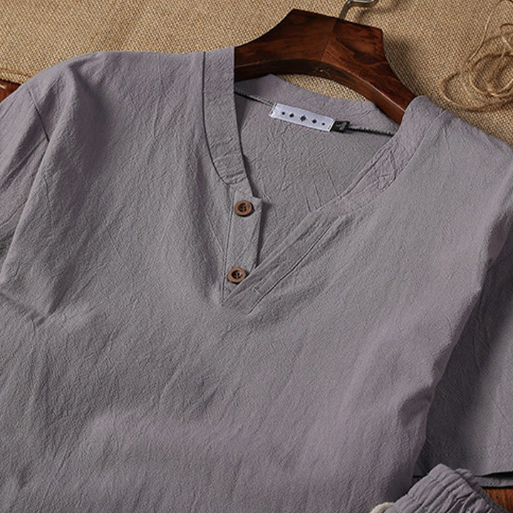 Conjunto de 2 camisetas de manga corta con cuello entallado y bolsillos de algodón y lino para meditación de Buddha Stones para hombre. - image 8