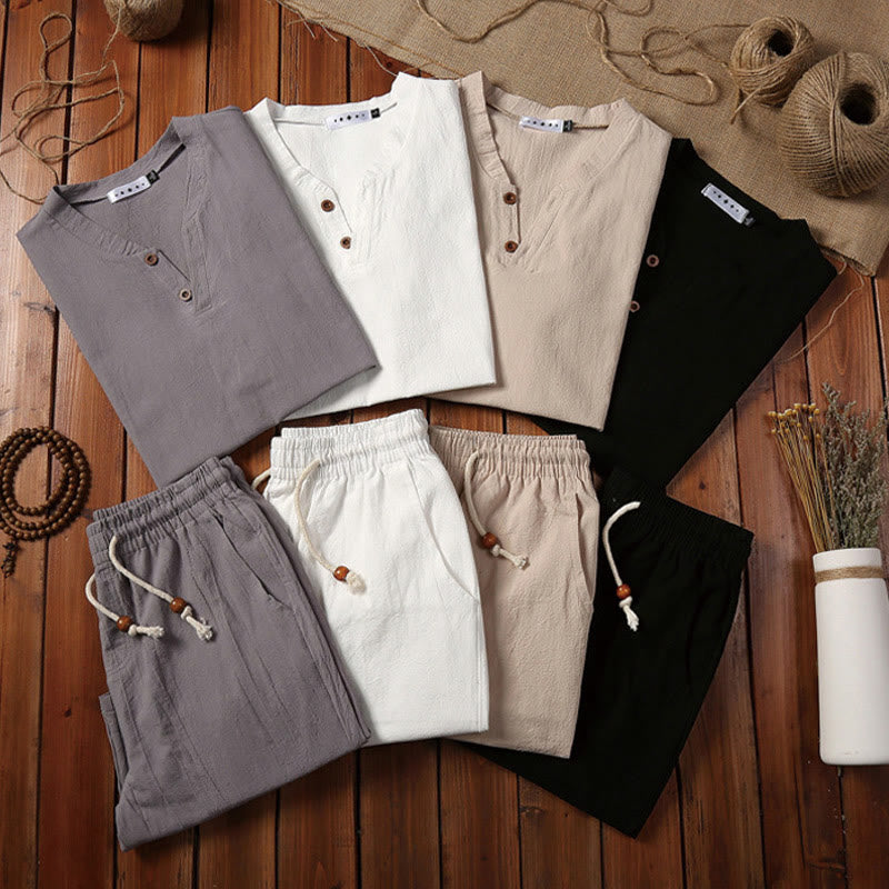 Conjunto de 2 camisetas de manga corta con cuello entallado y bolsillos de algodón y lino para meditación de Buddha Stones para hombre. - image 19