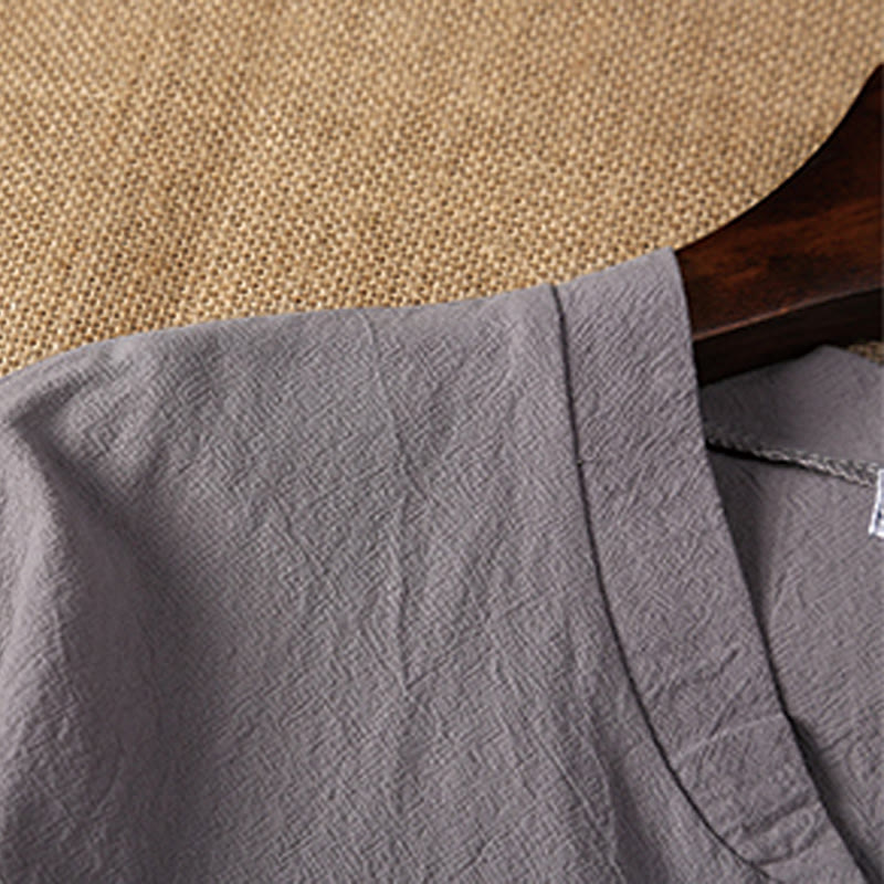 Conjunto de 2 camisetas de manga corta con cuello entallado y bolsillos de algodón y lino para meditación de Buddha Stones para hombre. - image 10