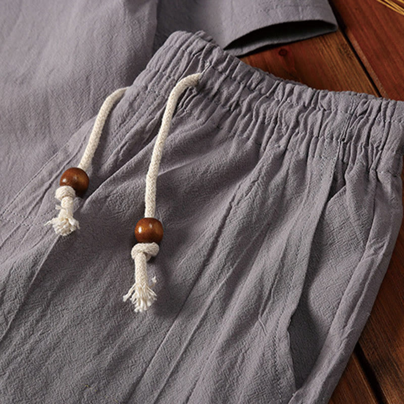 Conjunto de 2 camisetas de manga corta con cuello entallado y bolsillos de algodón y lino para meditación de Buddha Stones para hombre. - image 13