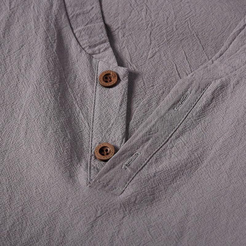 Conjunto de 2 camisetas de manga corta con cuello entallado y bolsillos de algodón y lino para meditación de Buddha Stones para hombre. - image 9