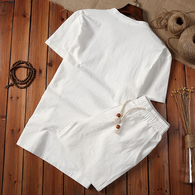 Conjunto de 2 camisetas de manga corta con cuello entallado y bolsillos de algodón y lino para meditación de Buddha Stones para hombre. - image 2