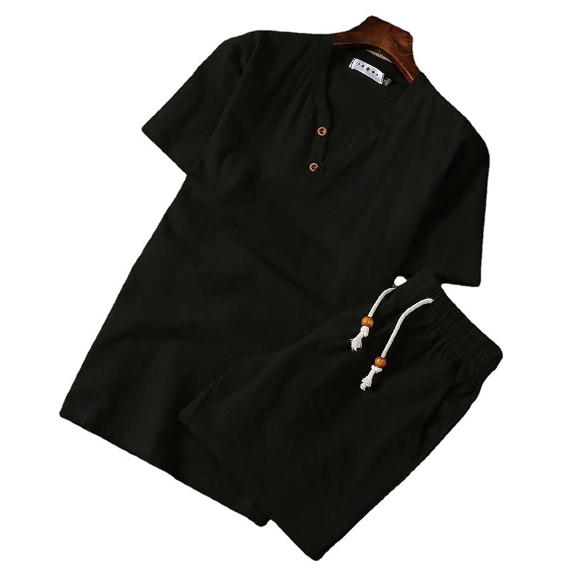 Conjunto de 2 camisetas de manga corta con cuello entallado y bolsillos de algodón y lino para meditación de Buddha Stones para hombre. - image 5