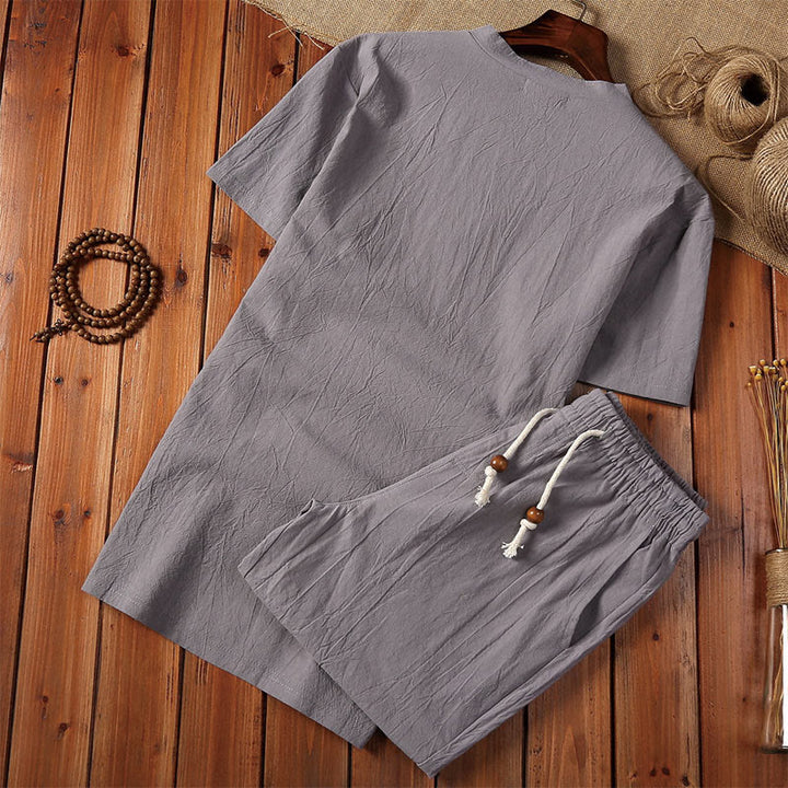 Conjunto de 2 camisetas de manga corta con cuello entallado y bolsillos de algodón y lino para meditación de Buddha Stones para hombre. - image 7