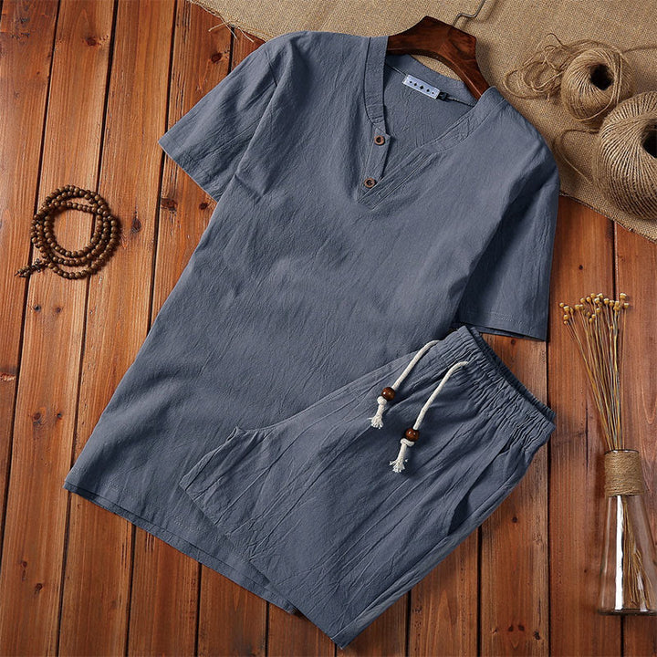 Conjunto de 2 camisetas de manga corta con cuello entallado y bolsillos de algodón y lino para meditación de Buddha Stones para hombre. - Gris pizarra - US/UK/AU44, UE 54 (5XL) - image 6