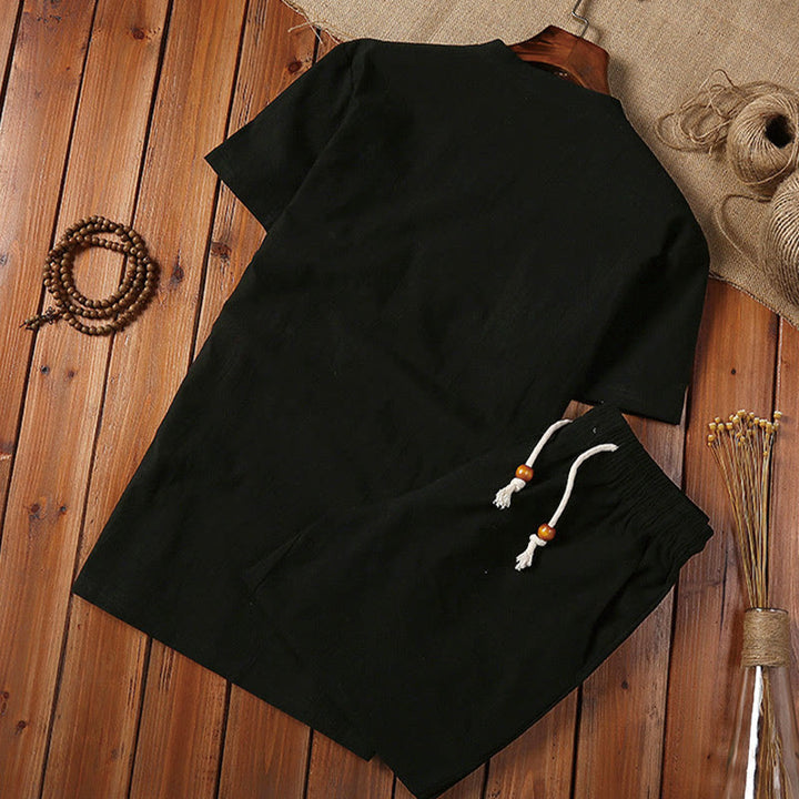Conjunto de 2 camisetas de manga corta con cuello entallado y bolsillos de algodón y lino para meditación de Buddha Stones para hombre. - image 4