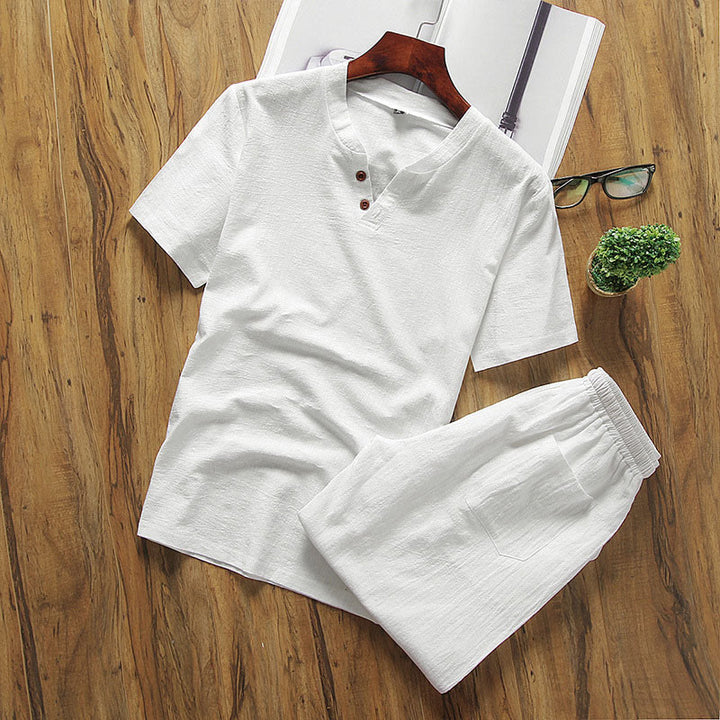 Conjunto informal de 2 piezas para hombre con estampado de Buddha Stones : camiseta de manga corta lisa con bolsillos, ideal para meditación. - Blanco - US/UK/AU46, EU56 (5XL) - image 1