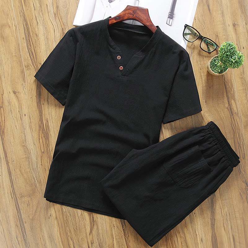 Conjunto informal de 2 piezas para hombre con estampado de Buddha Stones : camiseta de manga corta lisa con bolsillos, ideal para meditación. - Negro - US/UK/AU46, EU56 (5XL) - image 6