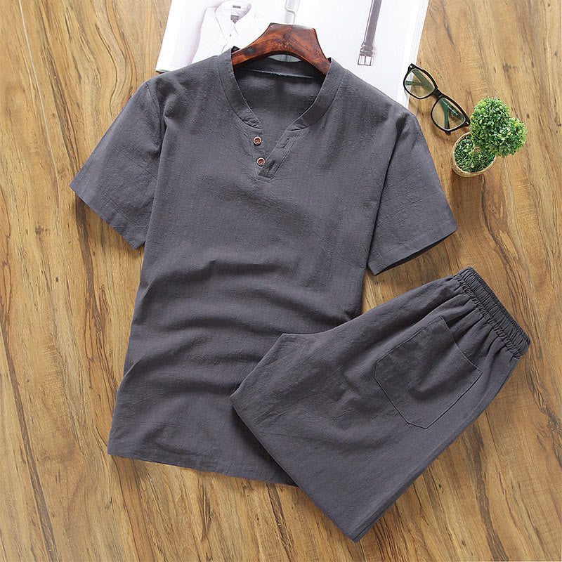 Conjunto informal de 2 piezas Buddha Stones : camiseta de manga corta lisa con bolsillos, de algodón y lino, para hombre, ideal para meditación. - Gris oscuro - US/UK/AU46, EU56 (5XL) - image 5