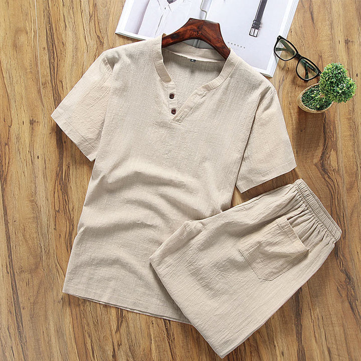 Conjunto informal de 2 piezas para hombre con estampado de Buddha Stones : camiseta de manga corta lisa con bolsillos, ideal para meditación. - vara de oro pálida - US/UK/AU46, EU56 (5XL) - image 0
