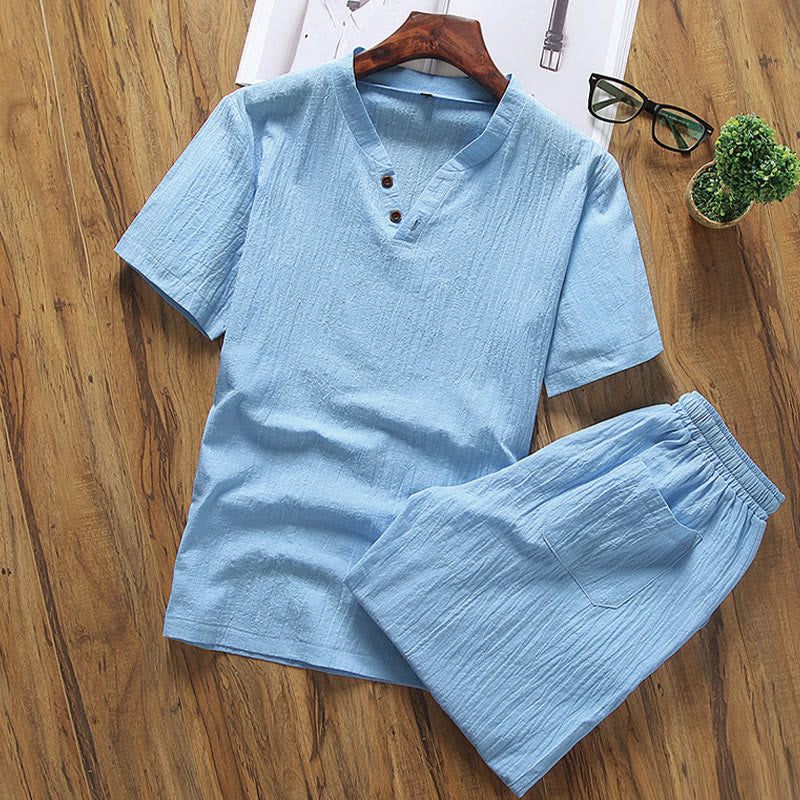Conjunto informal de 2 piezas Buddha Stones : camiseta de manga corta lisa con bolsillos, de algodón y lino, para hombre, ideal para meditación. - Azul cielo profundo - US/UK/AU46, EU56 (5XL) - image 9